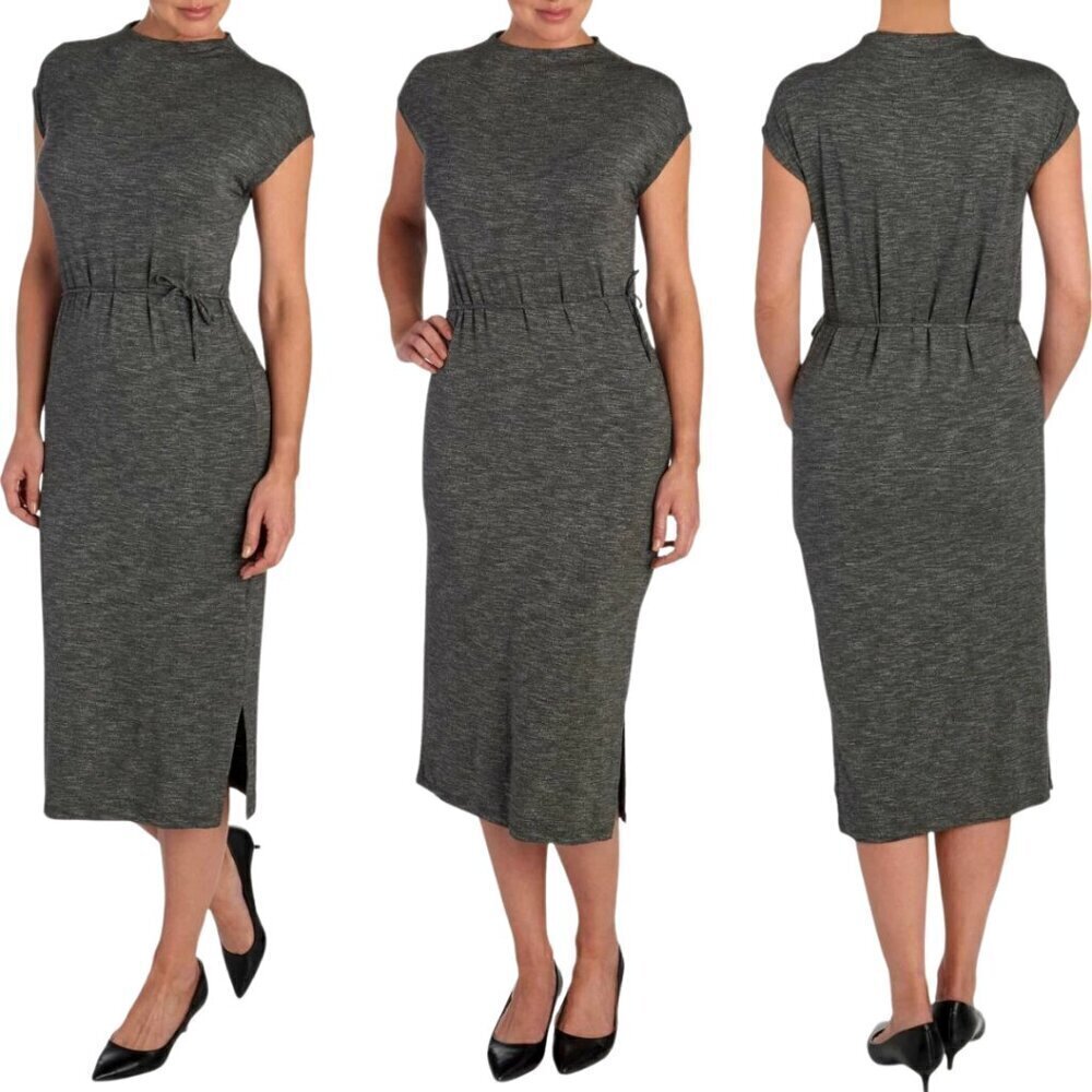 Dolan Tie Waist Knit Midi Dress Women's Small Gray Minimalist Lagenlook Classic